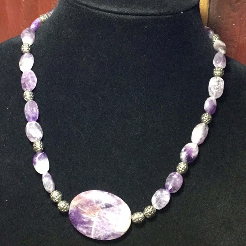 Stone Crystal Necklace 19.5”L Amethyst Shades Handmade w 925 Lobster Claw Clasp